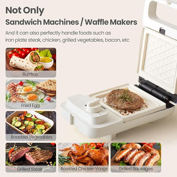 Waffle Sandwich Maker 2 in 1 Grill, Olayks Compact Waffle Makers with Removable Non-Stick Plates, Perfect for Cooking Grilled Cheese, Tuna Melts, Burgers, Steaks and Snacks