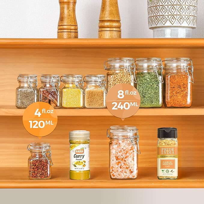 ComSaf 4 oz Glass Jars with Lid, Set of 12 Mini Airtight Glass Jars, Spice Jars, Small Mason Jar, Canning Jar Square with Seal Wire Clip Fastening, Labels & Funnels for Jam, Honey, Kitchen, Wedding