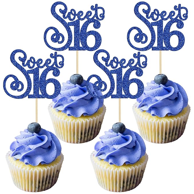 Gyufise 24 Pack 16th Birthday Cupcake Toppers Glitter Sixteen Happy Sweet 16 Cupcake Picks Cheers to 16 Years Old Cupcake Decorations for 16th Birthday Anniversary Party Cake Decorations Supplies Blue