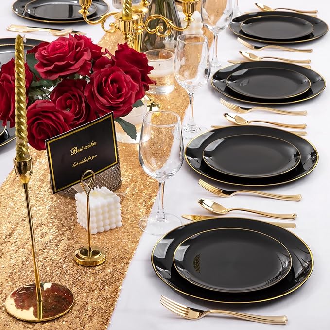 KIRE 100PCS Black and Gold Plates - Black Plastic Plates Disposable with Gold Rim for Party/Wedding/Graduation Include 50Pcs 10.25inch for Dinner and 50Pcs 7.5inch for Dessert/Salad