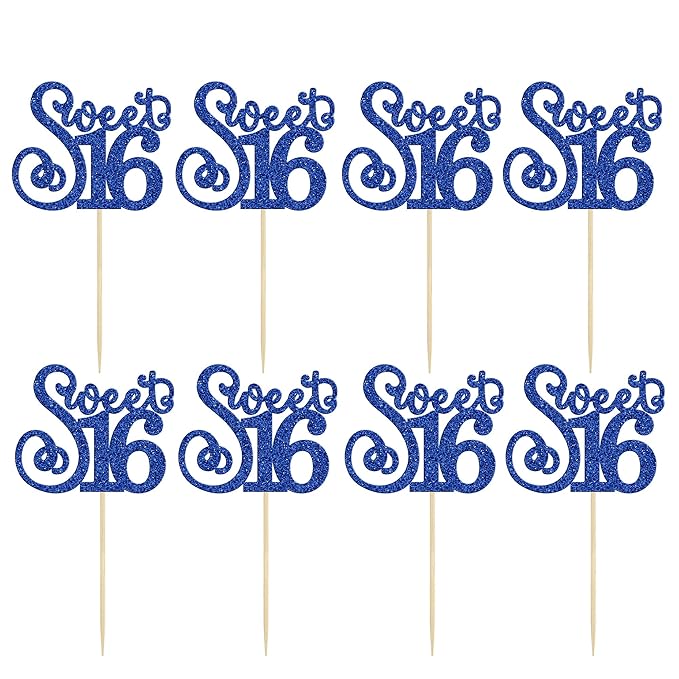 Gyufise 24 Pack 16th Birthday Cupcake Toppers Glitter Sixteen Happy Sweet 16 Cupcake Picks Cheers to 16 Years Old Cupcake Decorations for 16th Birthday Anniversary Party Cake Decorations Supplies Blue