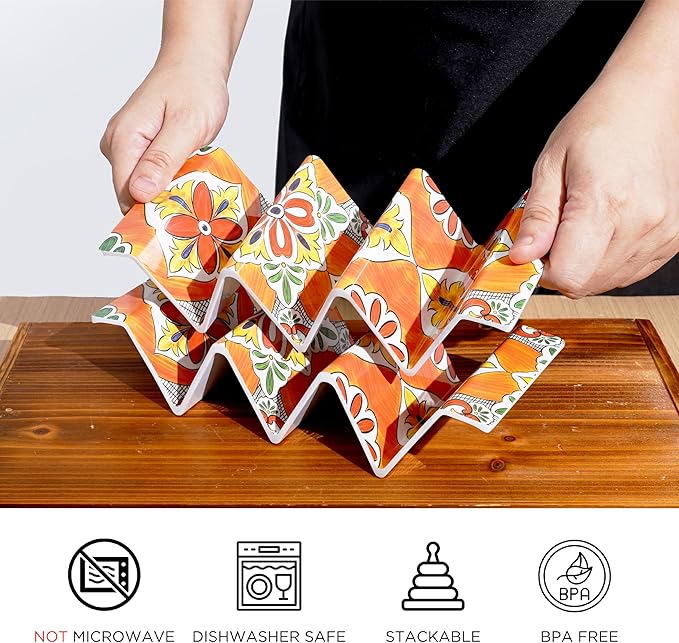 TP Taco Holder Stands, Set of 2 Melamine Large Taco Serving Rack Tray with Handle, Holds 3 Tacos, Dishwasher Safe, Ideal for Taco Night, Party, Home, Fiesta, Talavera Bloom