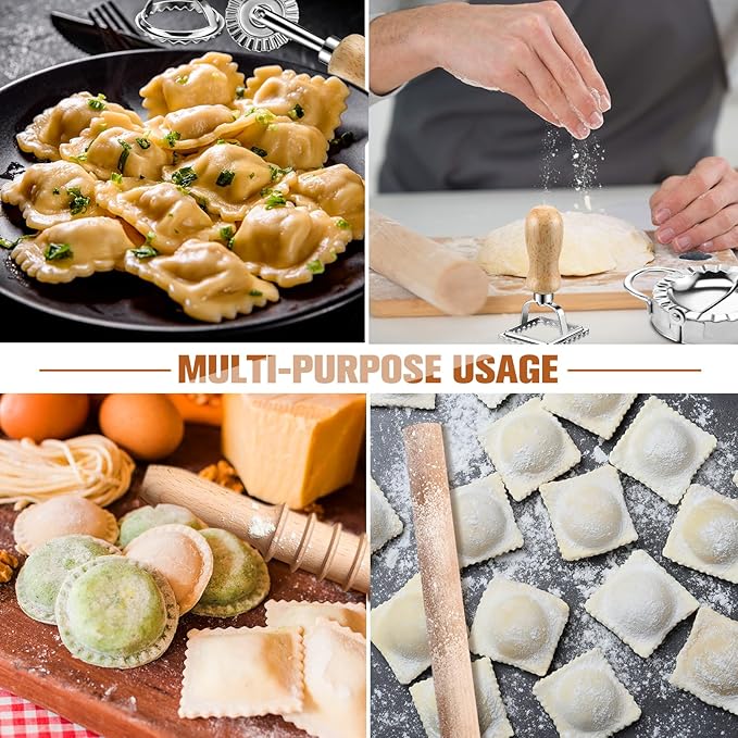 12 Piece Ravioli Mold Set with Press, Scraper, Cutter, Pierogi Maker, Rolling Pin, Gnocchi Board, Wooden Roller, and 4 Ravioli Stamp Maker Cutters for Making Pasta, Dumplings, and Pierogi