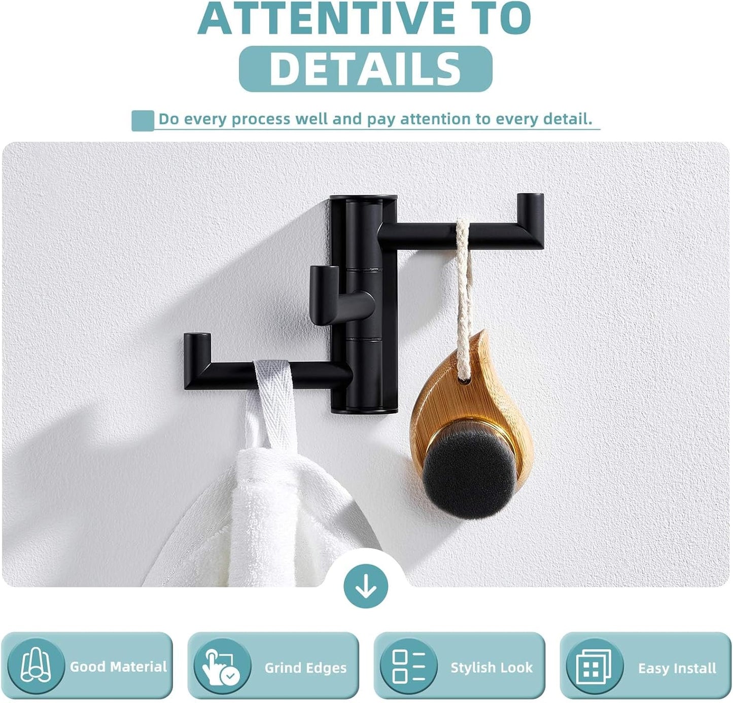 Suyar Swivel Towel Hook 3 Arms, SUS 304 Stainless Steel Coat Robe Holder, Foldable Wall Hook, Matte Black