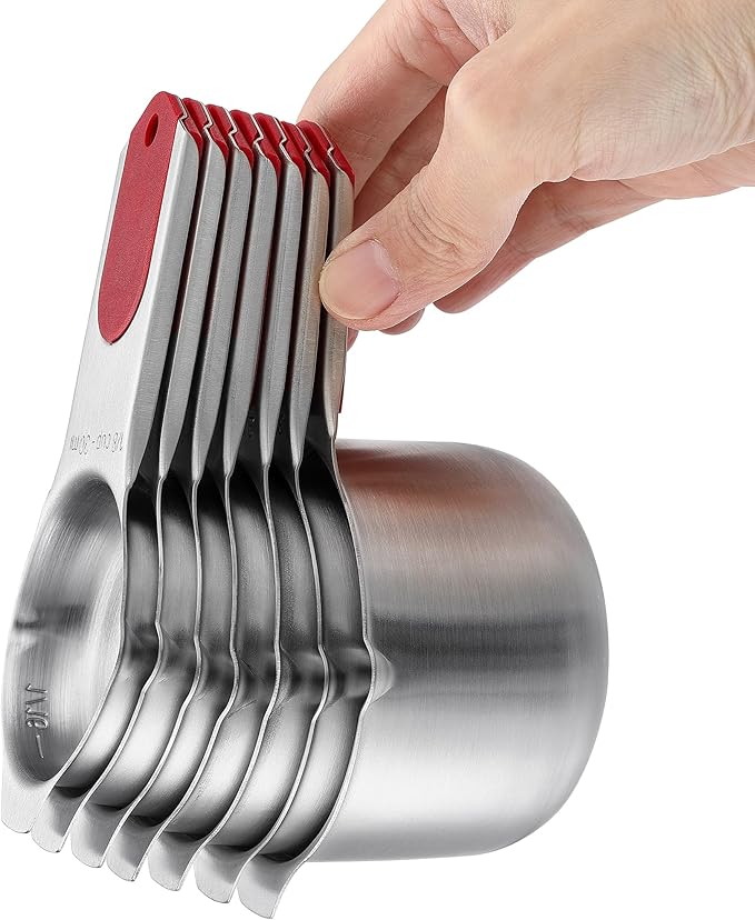 Spring Chef Magnetic Measuring Cups & Spoons Set (Patent Pending), Strong N45 Magnets, Heavy Duty Stainless Steel Fits in Spice Jars for Baking & Cooking, BPA Free, Round Set of 15 with Leveler, Red