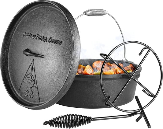 LIFERUN Dutch Oven Pot with Lid, 4.2 Quart Cast Iron Dutch Oven, without Feet, with Stand & Spiral-shaped Handle, Cast Iron Pot for Outdoor & Indoor, Black
