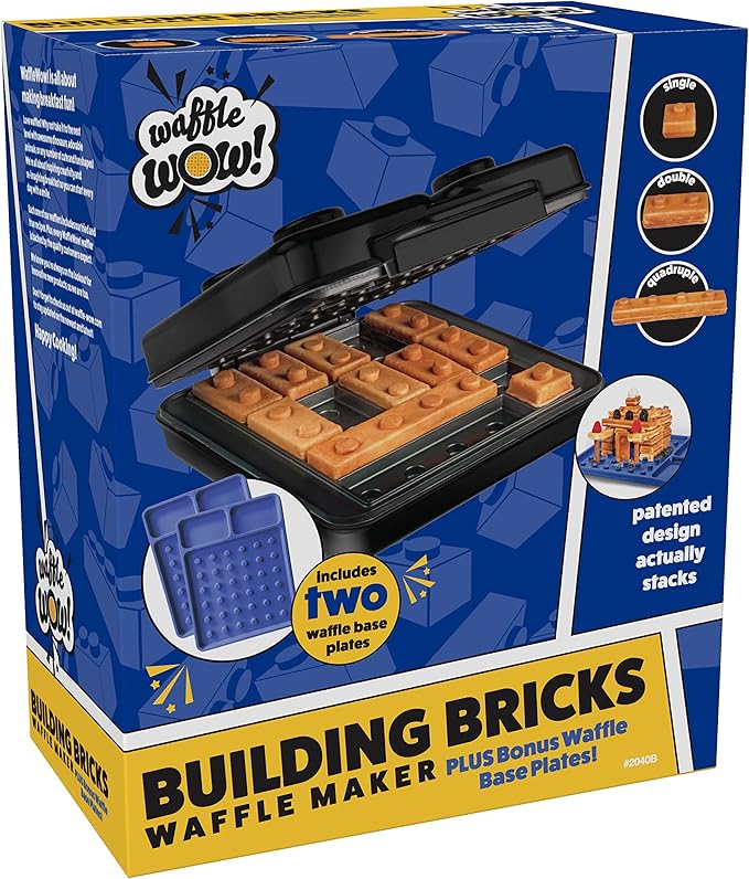 Building Brick Electric Waffle Maker- BLACK with 2 Construction Eating Plates- Cook Fun, Buildable Waffles or Pancakes in Minutes - Stack & Build Creations on Serving Dishes, Family Fun Activity Gift
