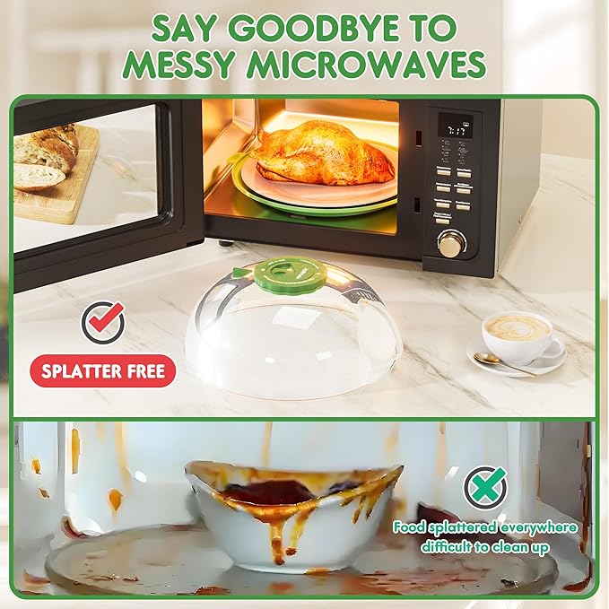 Microwave Splatter Cover for Food, Clear Microwave Cover with Water Steamer and Integrated Handle, 10 Inch Splatter Guard Lid with Plate, Kitchen Gadgets & Accessories (Green, 10 inch)
