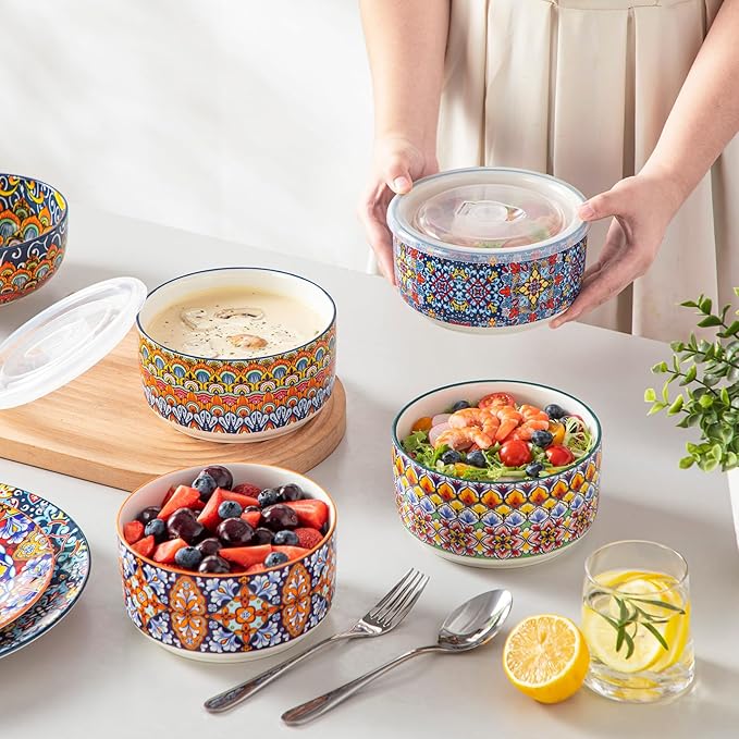 vancasso 36 oz Ceramic Bowls with Lids Set of 4, 6 Inch Food Storage Containers & Prep Bowls for Leftovers, Soup, Cereal, Meal Prep, Office Lunch, Microwave & Dishwasher Safe, Series SIMI