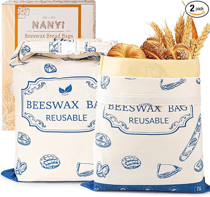 2-Pack Reusable Beeswax Bread Bags for Sourdough & Homemade Bread，Cotton Waxed Bags Keeps Fresh Longer(Navy Loaf)