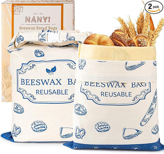 2-Pack Reusable Beeswax Bread Bags for Sourdough & Homemade Bread，Cotton Waxed Bags Keeps Fresh Longer(Navy Loaf)