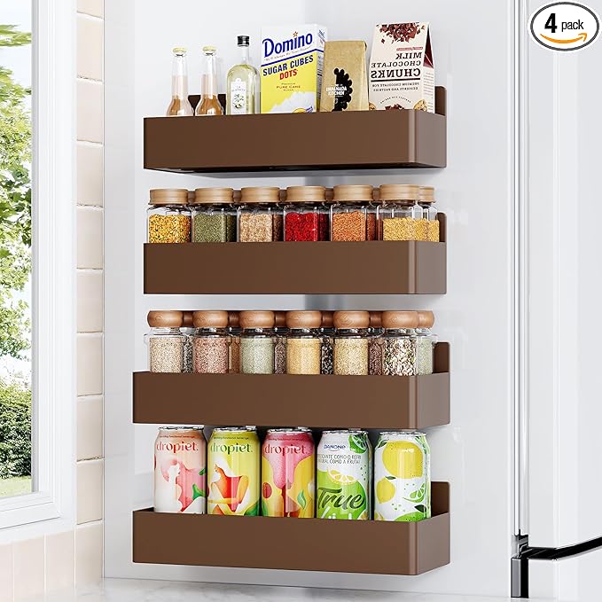 Magnetic Spice Rack for Refrigerator, Kitchen Organizer and Storage Shelf, Brown(4 Pack)…