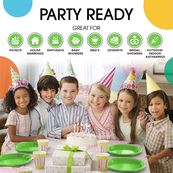 Exquisite Party Solids Lime Green Plastic Plates For Party 7" Lime Green Disposable Plates Heavy Duty Supplies 100 Pcs Plastic Dinnerware Sets Heavy Duty 350 GSM Disposable Dinnerware Set