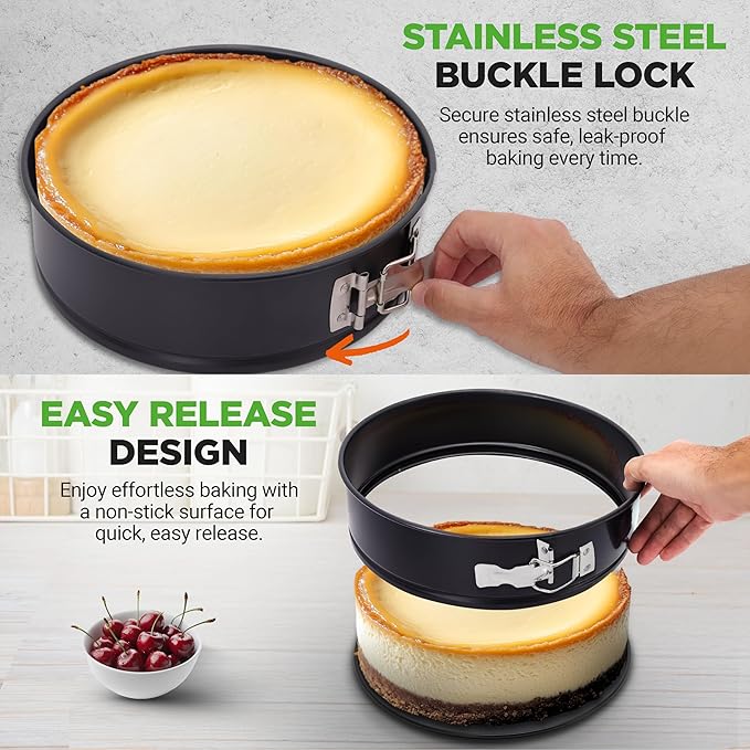 NutriChef 9 Inch Nonstick Cheesecake Springform Cake Pan | Stainless Steel Clasp & Removable Bottom | Durable Carbon Steel Cheesecake Pan | Easy to Clean | Includes 100 Parchment Papers | Black