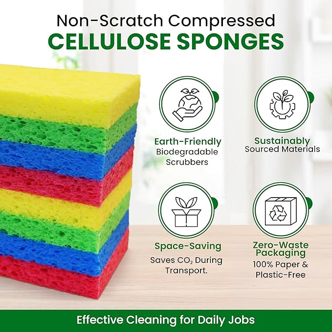 Cellulose Sponges - 24-Pack Multicolored Compressed Natural Sponges for Kitchen - Biodegradable, Non-Scratch, Quick-Dry for Cleaning, Dishes, DIY Cutouts
