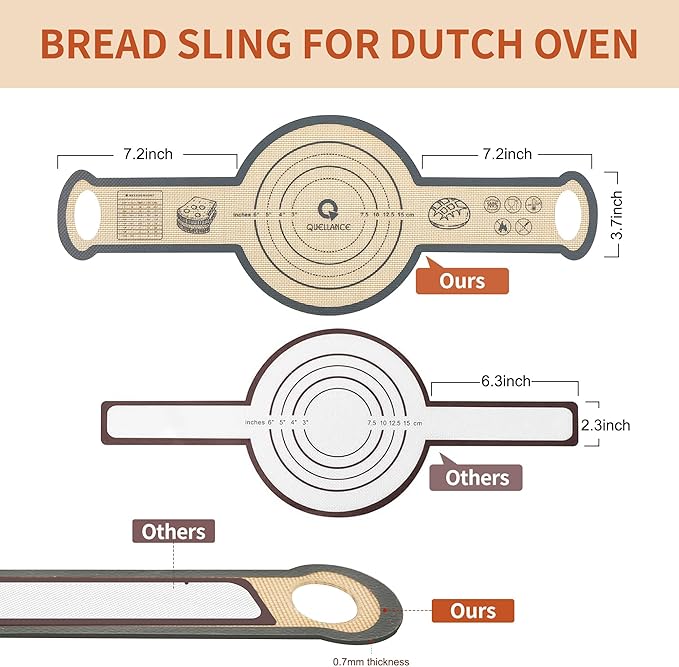 Silicone Sourdough Bread Sling Mat - 2Pcs Round Dough Baking Slings for Dutch Oven, NonStick High Degree Kitchen Sourbread Making Loaf Pan Lifter Liner, Reusable Cooking Transfer Mats with Long Handle