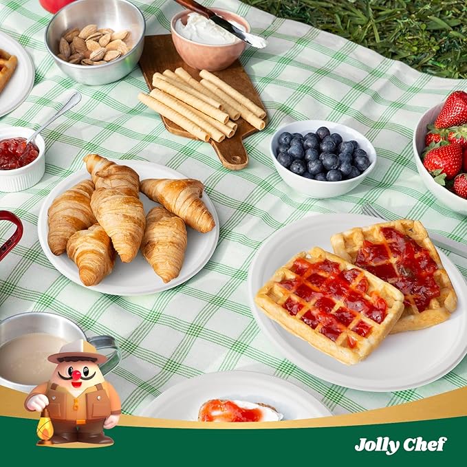 JOLLY CHEF Compostable Heavy Duty Plates 9 Inch [150 Pack] Eco-Friendly Disposable Natural Paper Plates Bagasse Biodegradable Bulk for Party Dinner Sugarcane Fibers Round 150 Count(White)