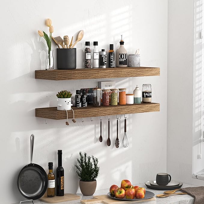 Fun Memories Floating Shelves - 24 Inch Rustic Wooden Wall Shelves - Extra Deeper & Thicker Wall Mounted Storage Shelf for Living Room, Kitchen, Farmhouse - 24"x 9"x 1.6" 2Pack, Walnut