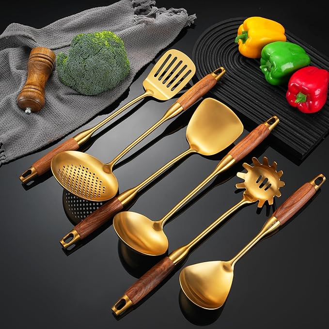 Gold Kitchen Utensils Set with Wooden Handle, 6 PCS Professional Cooking Utensils Set, Wok Spatula, Ladle, Skimmer, Slotted Spatula Turner, Spaghetti Spoon, Large Spoon