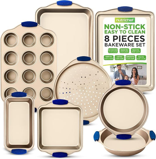 NutriChef 8-Piece Nonstick Bakeware Set - Heavy Duty Carbon Steel Baking Pans w/ Blue Silicone Handles - Pizza Crisper, Muffin & Loaf Pan, Round & Square Pans, Cookie Sheet - Champagne Gold