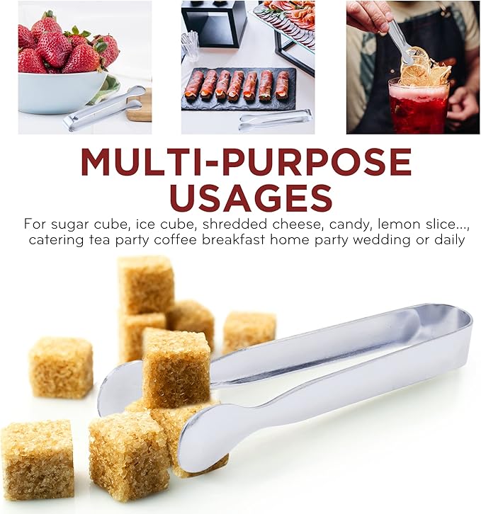 DUGATO 12 Pack Mini Serving Tongs (4.3 Inch Stainless Steel) - Small Appetizer, Sugar Cube & Ice Tongs for Tea Party, Coffee Bar, Buffets - Silver