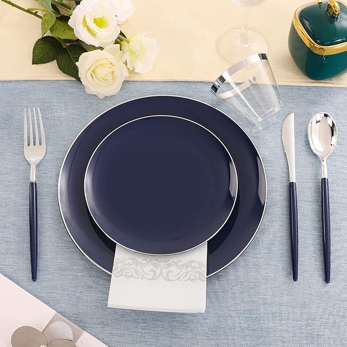 KIRE 175Pcs Blue Plastic Plates with Silver Rim & Disposable Silverware with Blue Handle & Silver-rim Cups & Hand Napkin & Plastic Dinnerware for Parties/Wedding
