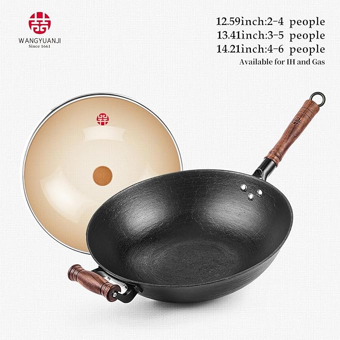 WANGYUANJI Cast Iron Wok,13.4 inch Flat Bottom Wok with Glass Lid,Suitable for All Cooktops, Uncoated Craft Pot Healthy Cooking Pot