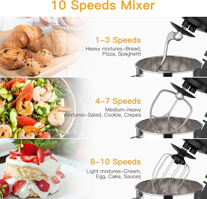 Garvee 7.5QT Stand Food Mixer, 10-Speed Tilt Head 3-IN-1 Kitchen Electric Mixer with Stainless Steel Bowl, Egg Whisk, Dough Hook, Beater, Splash Guard, Compact Dough Mixer for Home Cooks, Black