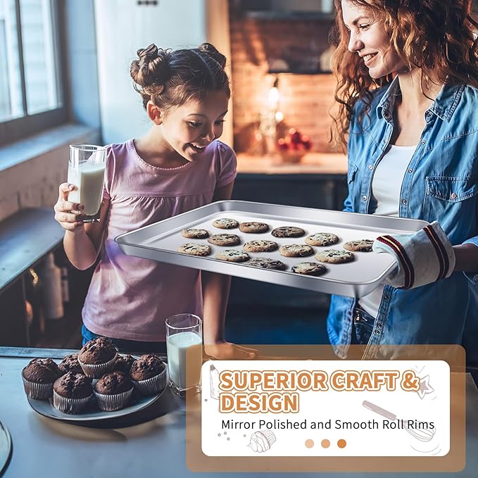 Stainless Steel Baking Sheet Set of 2, Deedro Cookie Sheet Metal Baking Pan Oven Tray, Non Toxic & Heavy Duty, Rust Free & Mirror Finish, Easy Clean & Dishwasher Safe, 17.3 x 12.3 x 1 Inch