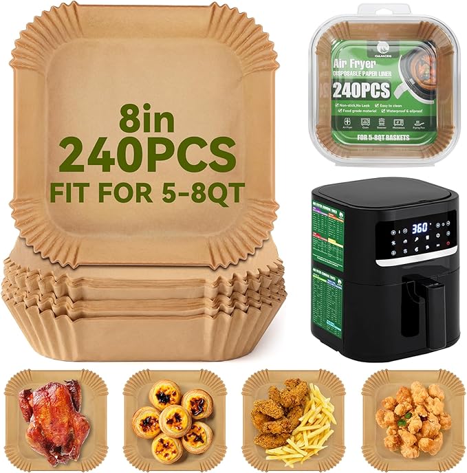 OAMCEG Air Fryer Disposable Liners,240 PCS Square Non-stick Disposable Liners for 5-8QT, 8 inch Air Fryer Parchment Baking Paper for Frying, Baking, Cooking, Roasting and Microwave