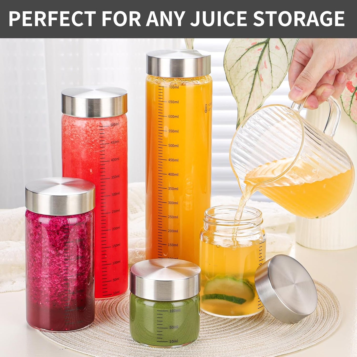 18 Oz Glass Bottles, 4 Pack Glass Juice Bottles with Lids, BPA Free, Borosilicate Glass, Leak Proof Lids for Juicing, Smoothies, Infused Water, Beverage Storage, Shaker Bottles