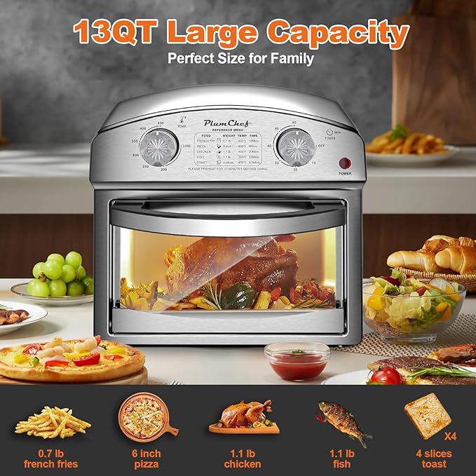 PlumChef 13 Quart 4 Slices Air Fryer Convection Toaster Oven with Reference Menu, 1500W,Multifunction with Roast, Bake, Grill, Broil, Silver