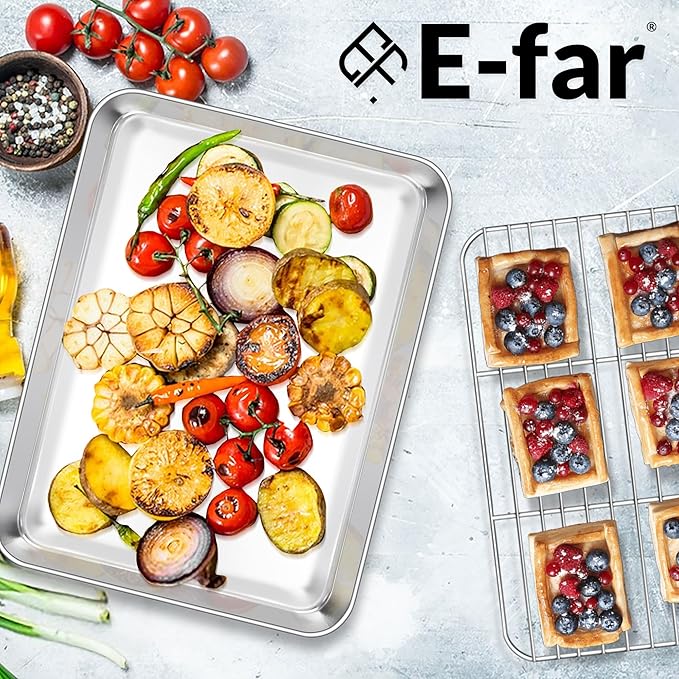 E-far Baking Sheet with Wire Rack (2 Pans + 2 Racks), Stainless Steel Cookie Sheets Pan & Cooling Rack for Baking Cookies Cake, Non Toxic & Heavy Duty, Oven & Dishwasher Safe, 12.4 x 9.7 x 1 Inch