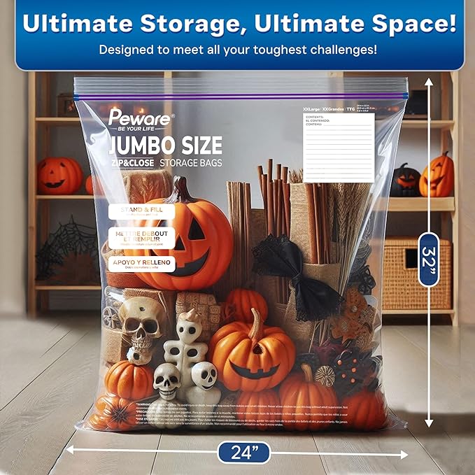 Large Storage Bags, 24"x32" Jumbo Plastic Bag, BPA Free, 20 Gallon 3X Zipper Lock Baggies for Clothes Pillow Travel Moving - 100 Mega Bags