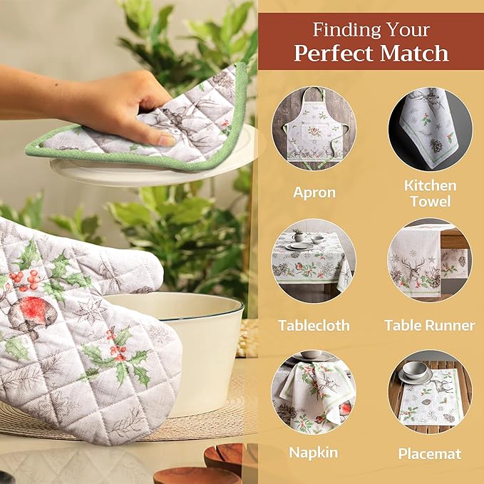 Maison d' Hermine 100% Cotton Oven Mitt & Pot Holder Set (7.5"x13" & 8"x8") Heat Resistant BBQ Cooking Gloves with Loop, Baking, Grilling, Kitchen, Handling Hot Pans (Christmas Dew)