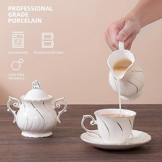Sugar and Creamer Set Ceramic, Creamer Pitcher and Sugar Bowl with Lid, Creamer Pitcher with Handle,Sugar Cube Dish Coffee or Tea, White with gold thread