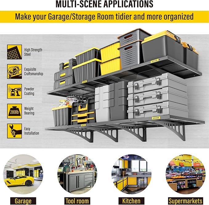 4-pack 2x3ft Adjustable Garage Wall Shelving 1120lbs Load Capacity Heavy Duty Wall Mounted Storage Shelf Metal Floating Shelves for Garage(Black)