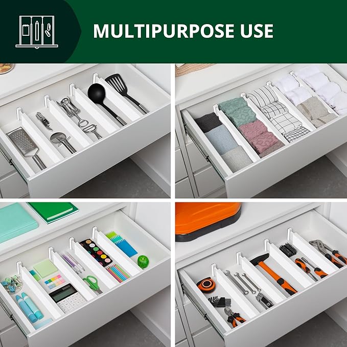 ROYAL CRAFT WOOD Adjustable Bamboo Caddy Expandable Drawer Organization Separators For Kitchen, Dresser, Bedroom, Bathroom and Office, 4-Pack (Large (up to 22)), White