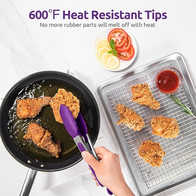 600ºF Heat Resistant Kitchen Tongs: U-Taste 9 inch Silicone Cooking Tong with Firm Sealed Non Stick Rubber Tips & Silicon Coated 18/8 Stainless Steel Handle & Smooth Locking for Serving Grill (Purple)