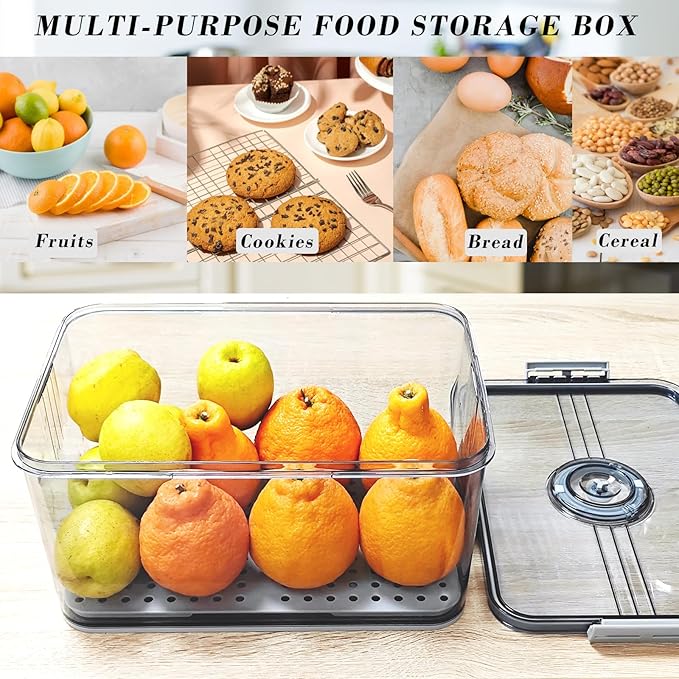 Bread Box Bread Boxs with Lid for Kitchen Counter, 10L Airtight Loaf Bread Storage Container，Time Recording Bread Keeper for Homemade Bread, Toast, Bagel, Donut and Cookies (Grey)
