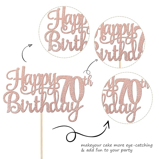 1 PCS Happy 70th Birthday Cake Topper Glitter Cheers to 70 Years Birthday Cake Pick Seventy 70 Fabulous Cake Decoration for Happy 70th Birthday Anniversary Party Decorations Supplies Rose Gold