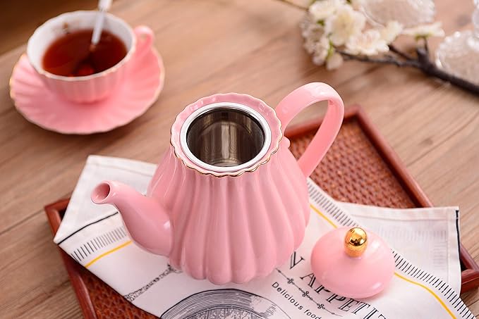 Jusalpha Porcelain Tea Set- Pink Teapot and Creamer Sugar Bowl Set, TW (Pink)
