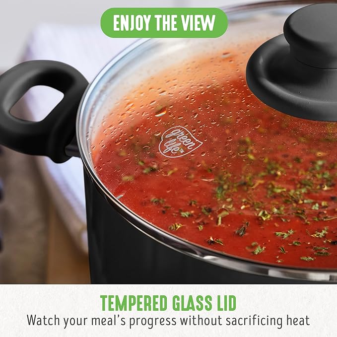 GreenLife 16 Piece Nonstick Cookware Set, Soft Grip Non-Toxic PFAS-Free Ceramic Pots & Pans, Dishwasher & Oven Safe, Frying, Sauce, Utensils, Glass Lids, Stay-Cool Handles, Wobble Free, Black & Cream