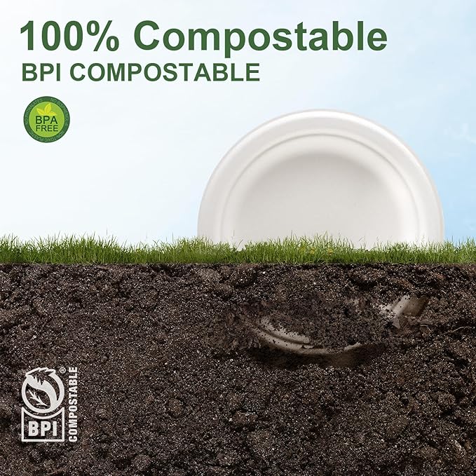 WELLIFE 100% Compostable Paper Plates 7 Inch, 125-Pack Dessert Paper Plates Bulk, Biodegradable Bagasse,Eco-Friendly Disposable Plate Small for BBQ,Picnic,Party (BPI Certified,Microwaveable)