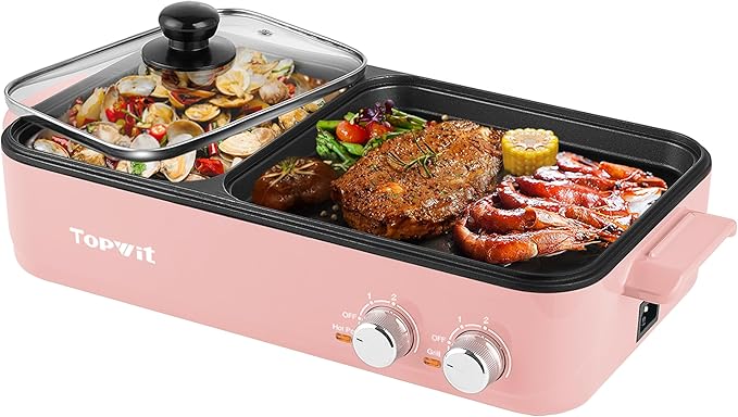 Topwit Hot Pot Electric with Grill, 2 in 1 Indoor Non-stick for Steaks, Shabu Shabu, Noodles, Simmer and Fry, Korean BBQ Grill, Independent Dual Temperature Control, Pink