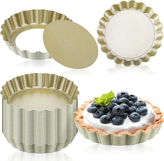 Uiifan 32 Pcs Mini Tart Pans Egg Tart Molds with Removable Bottom Round Nonstick Quiche Pan Mini Pie Pans Small Bakeware Mold Fluted Side for Mousse Cake Dessert Baking(4 Inch,Gold)