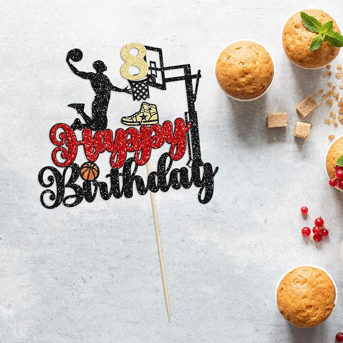 1Pc 8th Birthday Basketball Cake Topper Glitter Basketball Sports Theme Cake Pick for Baby Shower 8th Birthday Cake Decorations Party Supplies Black