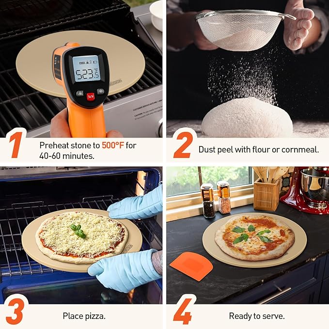 Pizza Stone for Oven 16 Inch, Round Baking Stone for Bread Thermal Shock Resistant BBQ Grilling Pizza Pan Cordierite Cooking Pan With PE Scraper