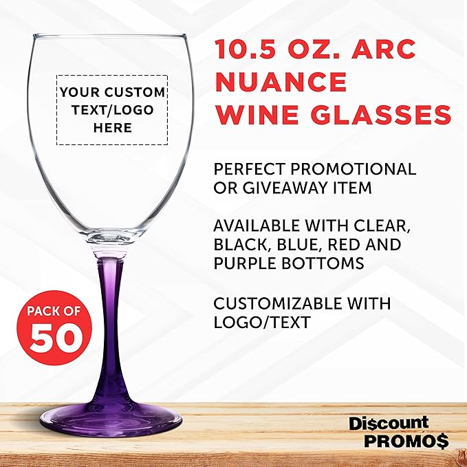 Custom Nuance Wine Glasses by ARC 10.5 oz. Set of 50, Personalized Bulk Pack - Restaurant Glassware, Perfect for Red Wine, White Wine, Cocktails - Purple
