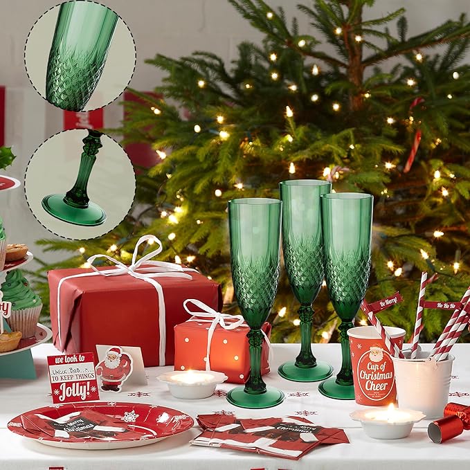 Plastic Champagne Flutes, 48PCS Dark Green Plastic Wine Glasses Goblets Reusable Champagne Flute for Christmas, Weddings, Bachelor Parties, Toasting, and Events(48, Dark Green)